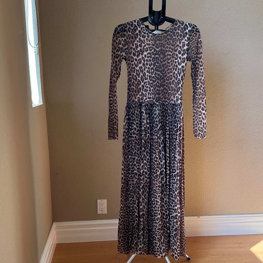 Ganni Brown Leopard Long Sleeve Dress
